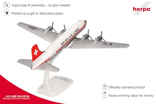 Herpa Swissair Douglas DC-4 Snap-fit Model 1/125 Échelle Pièce de Collection Avion Support Figurine Plastique