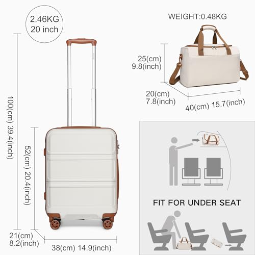Kono Set de Valises de Voyage Rigide 55cm Blanc Crème TSA Serrure Bagage Cabine 4 Roulettes Ryanair