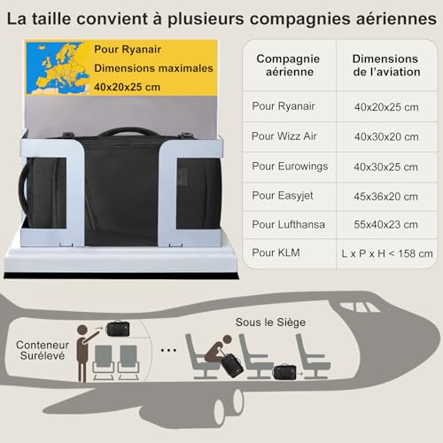 Sac de voyage Ryanair Étanche 40x30x20 Noir, Bagage Cabine Durables pour Femme et Homme, Sac à Dos Extensible 20L