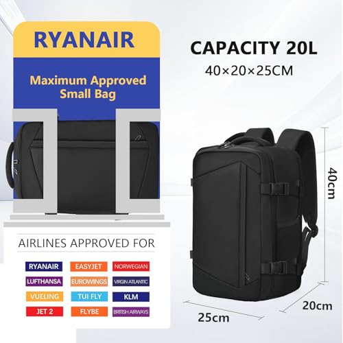 KIRFEIHT Bagage Cabine 40x20x25 pour Ryanair - Sac à Dos de Voyage pour Compagnies Aériennes - Noir