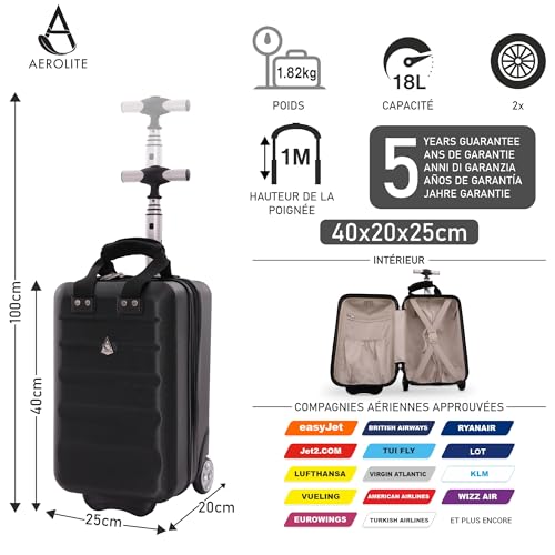 Valise Ryanair Aerolite 40x20x25 Noir - Bagage à Main Rigide ABS 18L TSA Bagage Cabine Avion