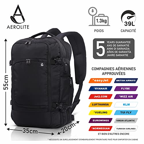Aerolite Sac à Dos et Bagage en Cabine pour Travail et Voyage Sacoche Adaptive pour Portable de 15" 55x35x20 39L