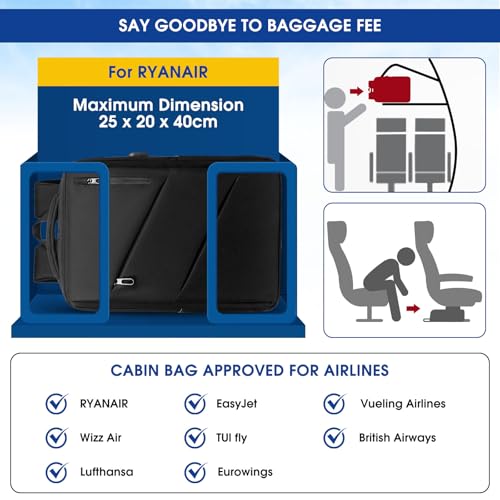 SHANNA Bagage Cabine Ryanair Antivol 40x20x25 Noir pour Voyage Avion Femme Homme, 16L Sac à Dos Ordinateur Portable Trav